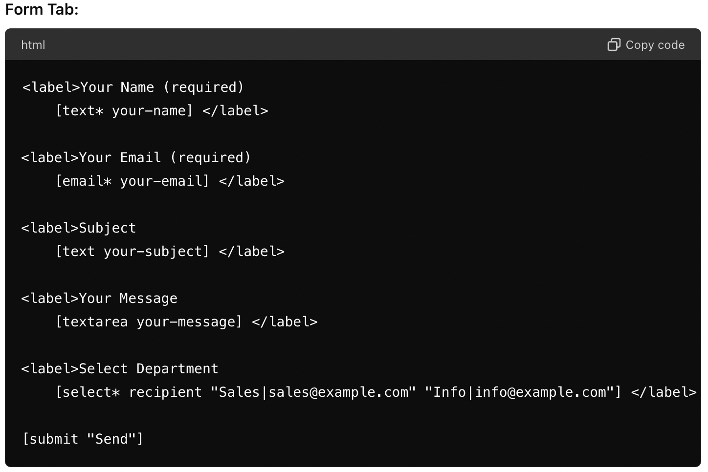 An Image showing the Form Tab code of the Contact form7 form 