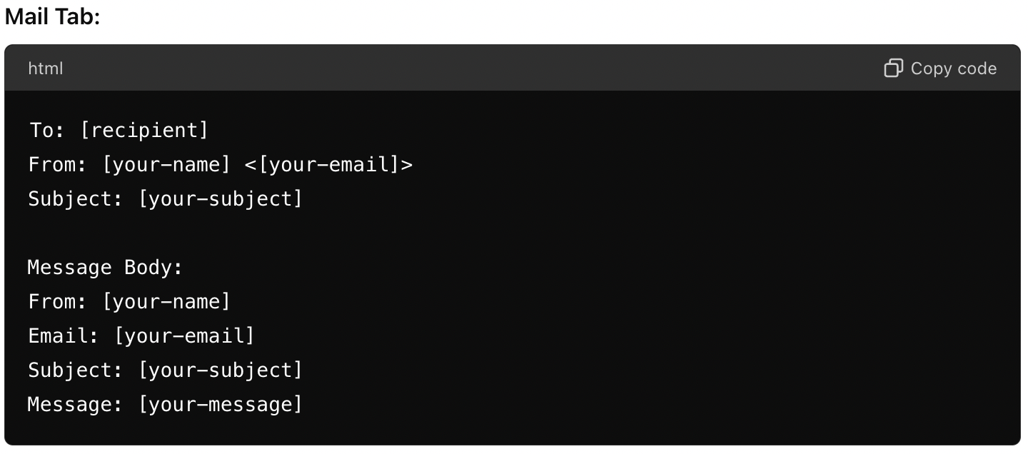 An Image showing the Mail Tab code of the Contact form7 form 